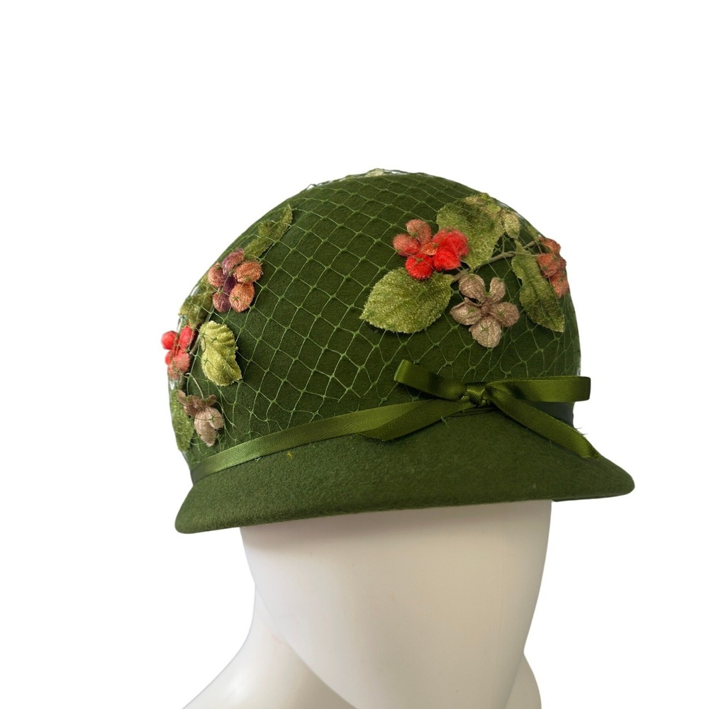 Vtg 50s Green Wool Felt Cloche Hat Floral Velvet Glenover Flapper Style JS - Picture 4 of 12